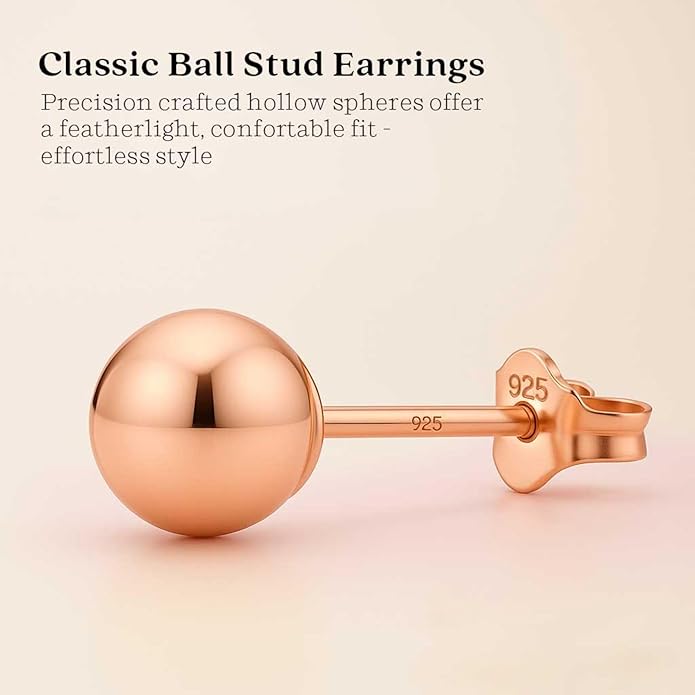 KEZEF Sterling Silver Ball Stud Earrings Hypoallergenic Earrings for Women | Available in Sterling Silver, Rose Gold, or 14K Gold Plated Silver (2mm-10mm)