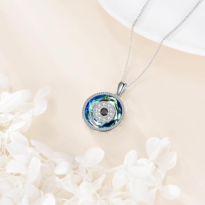 YFN Evil Eye Pendant Necklace for Women 925 Sterling Silver Greek Protection Jewelry with Blue Sapphire and Black Cz Amulet Gift