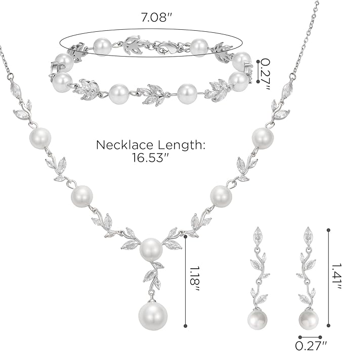 SWEETV Jewelry Set for Bride Women, Cubic Zirconia Pearl Bridal Earrings Necklace Bracelet Set, Bridal Jewelry Set for Wedding Prom