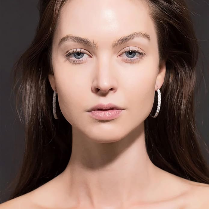 925 Sterling Silver Earrings Large Rhinestone Hoop Earrings Big Cubic Zirconia Hoop Earrings Thin Rhinestones Round Hoop Earrings for Women 20/30/40/50/60/70mm Sparkly Hoops With Crystals for Womens