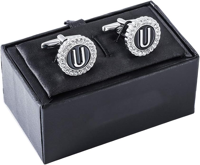 HAWSON A-Z Initial Cufflinks for Men and Women with Clear Crystal, Gold Silver Color Rasied Letter A-Z Cuff Links for French Shirt, Gift for Normal and Business Wearing