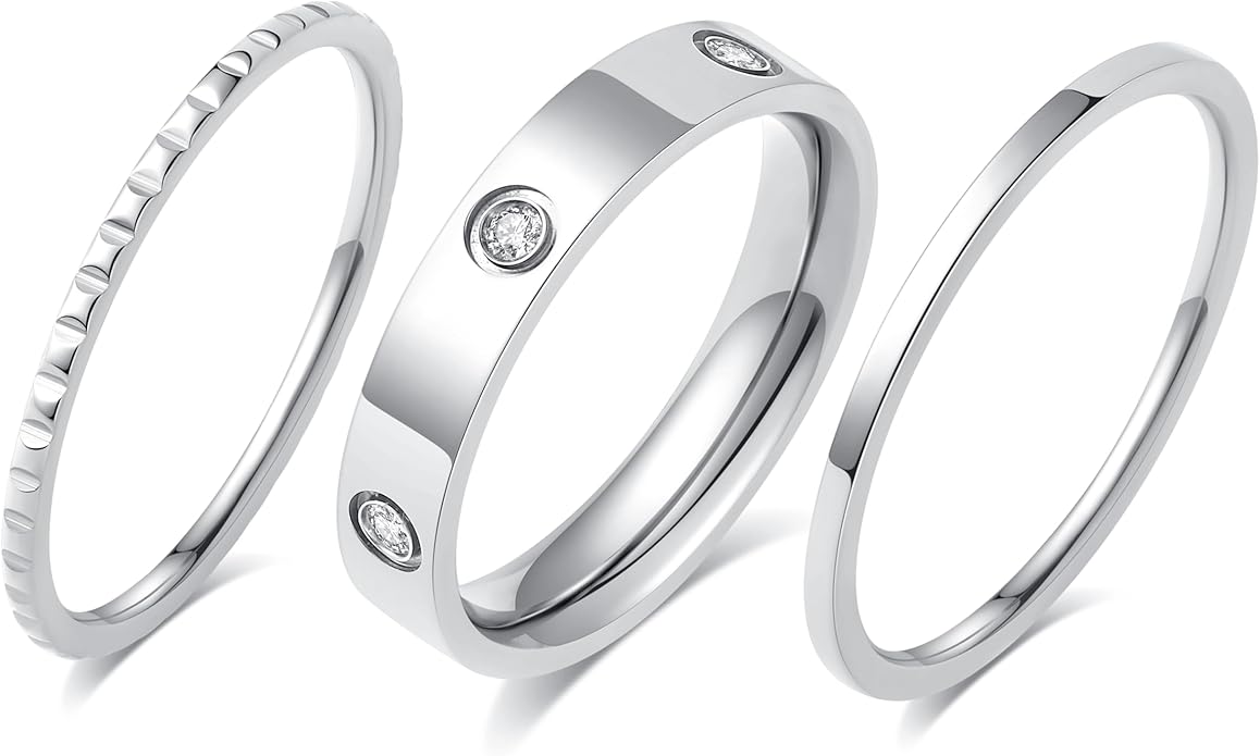 Kenizum Elegant 3PCS Cubic Zirconia Stackable Love Rings for Women, 18k Gold-Plated Silver-Plated 316L Stainless Steel Hypoallergenic Jewelry, Easter Anniversary Birthday Gifts for Mom friends Sister
