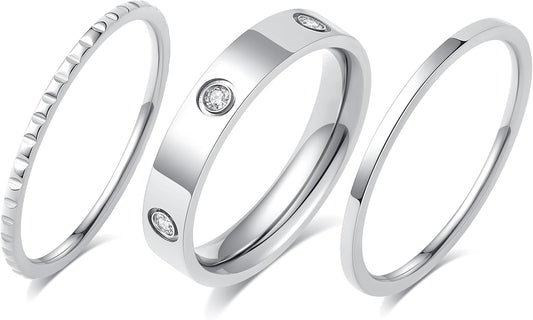 Kenizum Elegant 3PCS Cubic Zirconia Stackable Love Rings for Women, 18k Gold-Plated Silver-Plated 316L Stainless Steel Hypoallergenic Jewelry, Easter Anniversary Birthday Gifts for Mom friends Sister