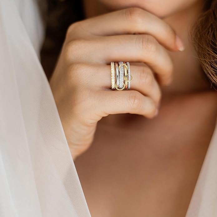 Emibele 14K Gold Plated Stackable Rings for Women, Interlocking Non Tarnish Gold Rings, Silver Dainty Cubic Zirconia Bands, Two-Toned Mixed Metal Stacking Band, Trendy Jewelry Gifts for Women
