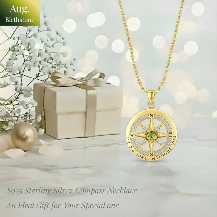Compass Necklace for Women Wife Girlfriend Mom Daughter Gifts S925 Silver Jewelry For Anniversary Rose Gold Gifts For Birthday Christmas Mothers Valentines Day 12 Birthstones