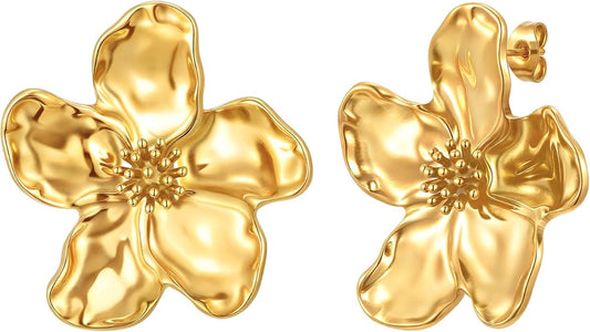 Womens Floral Gold Studs Earrings - 14K Gold Plated Earring,Personality Summer Big Flower Stud,Hypoallergenic Statement Chunky Ear Rings Aretes Trendy Jewelry,Christmas Birthday Prom Gifts for Her