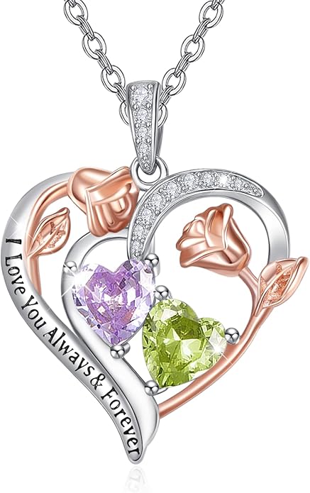 Zeuslia Double Birthstone Necklace Gifts for Wife - 925 Sterling Silver Sunflower/Rose/Crown Cross/Compass/Heart Pendant I Love You Necklace, Anniversary Birthday Gifts for Wife Girlfriend Mom Her