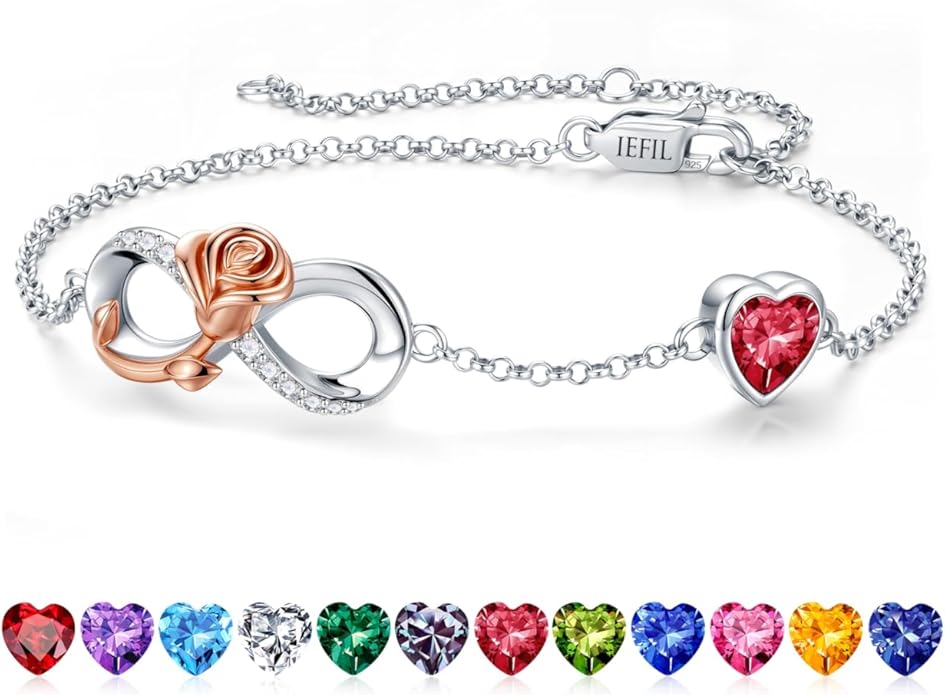Iefil Infinite Rose Birthstone Bracelet for Women, 925 Sterling Silver Charm Link Birthstone Bracelet, Anniversary Birthday Gifts for Women, Mothers Day Valentines Christmas Gifts for Wife Girlfriend