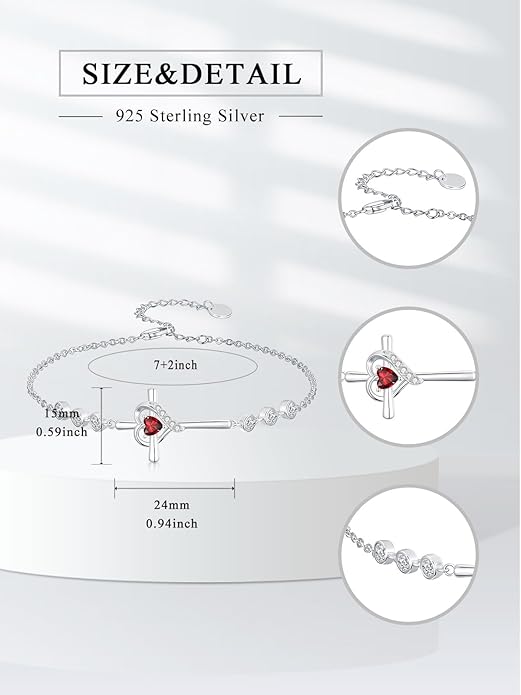Cross Birthstone Charm Link Bracelet 925 Sterling Silver Cross Bracelet with 12 Months Birthstone Religious Christian Jewelry Gifts for Women Mom Her,Chain Length 7"+2" Extend