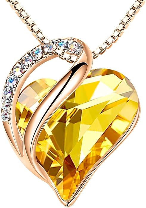 Leafael Rose Gold Plated Necklace for Women: Heart Shaped Birthstone/Healing Crystals Center, Dazzling Cubic Zirconia, Hypoallergenic Chain (18"+2"), Jewelry Gifts for Anniversaries and Birthdays