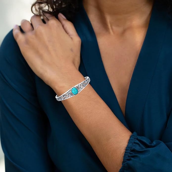 Christmas Jewelry Gift for Women-Genuine Turquoise Cuff Bracelet, Sterling Silver Western Vintage Floral Bangle Native American Jewelry, For 6.5-7.5 Inch Wrists