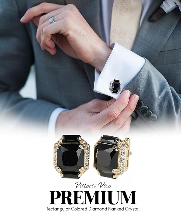Rectangular Colored Diamond-Flanked Crystal Cuff Links – Tuxedo Suit Accessories, Cufflinks for Men