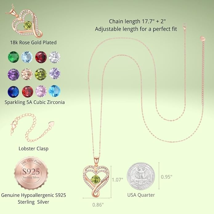 Birthstone Infinity Heart Necklace for Women Wife Girlfriend Mom Daughter Gifts S925 Silver Jewelry For Anniversary Rose Gold Gifts For Birthday Christmas Mothers Valentines Day