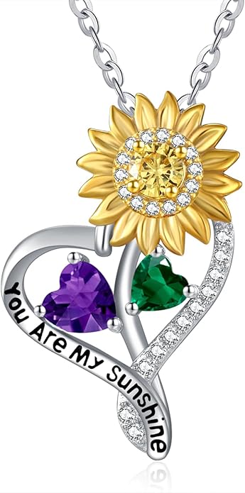 Zeuslia Double Birthstone Necklace Gifts for Wife - 925 Sterling Silver Sunflower/Rose/Crown Cross/Compass/Heart Pendant I Love You Necklace, Anniversary Birthday Gifts for Wife Girlfriend Mom Her