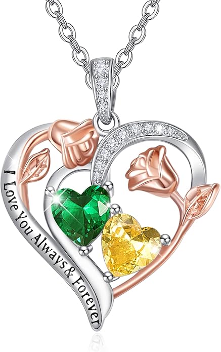 Zeuslia Double Birthstone Necklace Gifts for Wife - 925 Sterling Silver Sunflower/Rose/Crown Cross/Compass/Heart Pendant I Love You Necklace, Anniversary Birthday Gifts for Wife Girlfriend Mom Her
