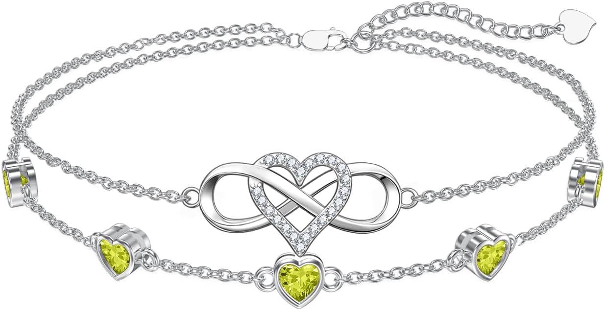 Dorunmo 925 Sterling Silver Infinity Heart Birthstone Anklet Bracelets for Women Best Mother's Day Birthday Jewelry for Wife Girlfriend Mom Her