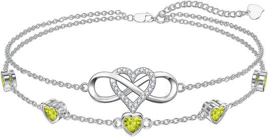 Dorunmo 925 Sterling Silver Infinity Heart Birthstone Anklet Bracelets for Women Best Mother's Day Birthday Jewelry for Wife Girlfriend Mom Her