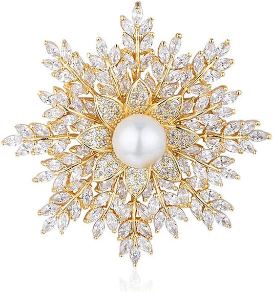 14K Gold Handmade Snowflake Brooch, Adorned with Natural Pearls and Moissanite, Sophisticated Women's Jewelry, Perfect Birthday and Special Occasion Gift