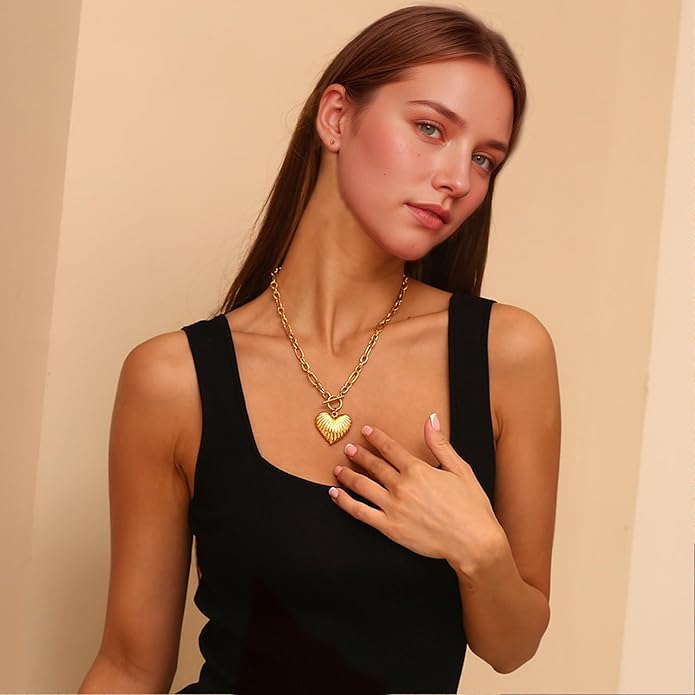 Chunky Gold Heart Necklace for Women,18K Gold Plated Puffy Heart Pendant with Paperclip Chain,Stainless Steel Statement Jewelry Waterproof Jewelry Gift for Chrismas