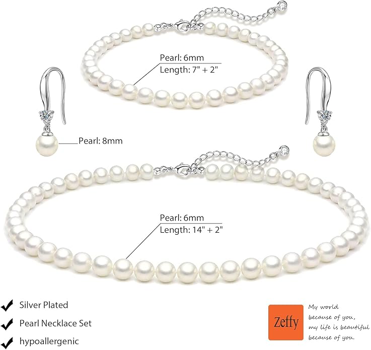 Zeffy Gold Pearl Necklace for Women, Dainty 14K Gold/Silve Plated Layered Pearl Choker Pearl Earrings Pearl Bracelets Wedding Trendy Gold Jewelry Set for Women Gifts