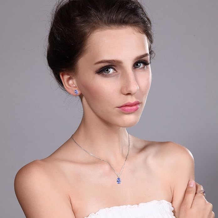 Gem Stone King 1.75 Cttw Tanzanite Pendant Necklace Earring Set For Women | 925 Sterling Silver | Oval 7X5MM and 6X4MM | Gemstone Birthstone | With 18 Inch Silver Chain