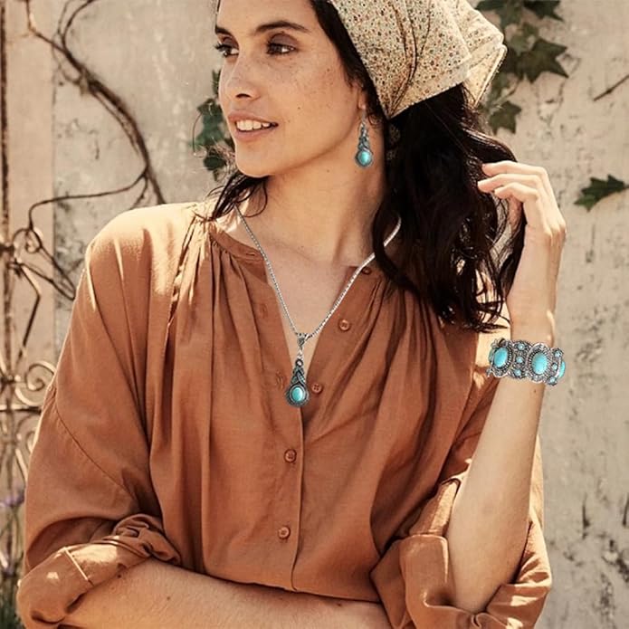 Bohemian Turquoise Necklace Set - Women's Western Jewelry with Long Choker, Pendant, Dangle Earrings, Layered Bracelets