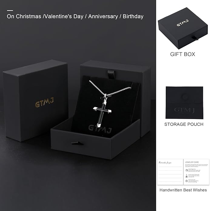 GTMJ Cross Necklace for Men -Stainless Steel & Gemstone Adjustable Box Chain 24-26in, Spiritual Jewelry Gift for Him, Everyday Wear