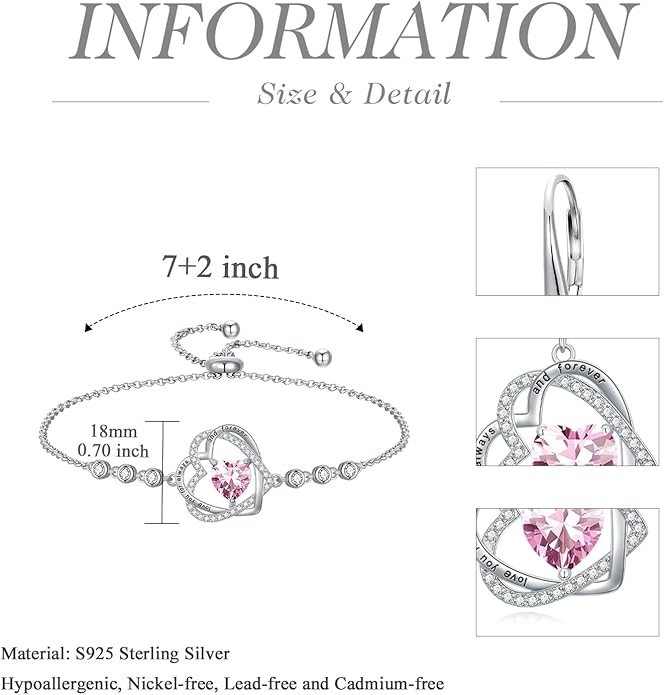 TOUPOP Heart Birthstone Bracelet 925 Sterling Silver Double Heart Bracelet Love You for Always and Forever Jewelry Anniversary Birthday Christmas Gifts for Women Wife Her