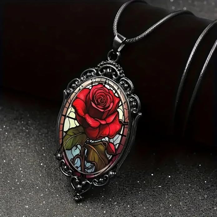 Gothic Rose Glass Necklace for Women Vintage Satan Demon Pendant Halloween Roses Necklaces Dark Punk Style Necklace Victoria Emboss Necklaces Mystic Witch Jewelry Gift Accessories