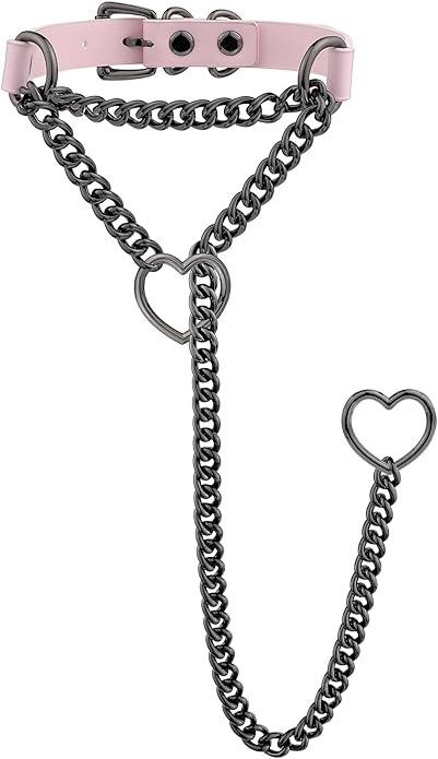 Handmade Black Heart Choker Collar For Women, Punk Gothic O-ring Slip Chain Necklace with Adjustable Vegan Leather Buckle