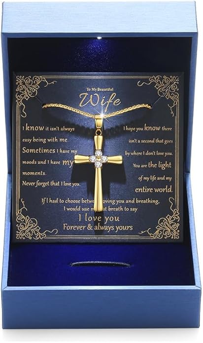 Gold Moissanite Cross Necklace for Women Wife in Light-Up Gift Box,Love Card - Women Anniversary Birthday Gifts Ideas for Wife Her Girlfriend, Christian Cross Chain Jewelry(18K Real Gold Filled)