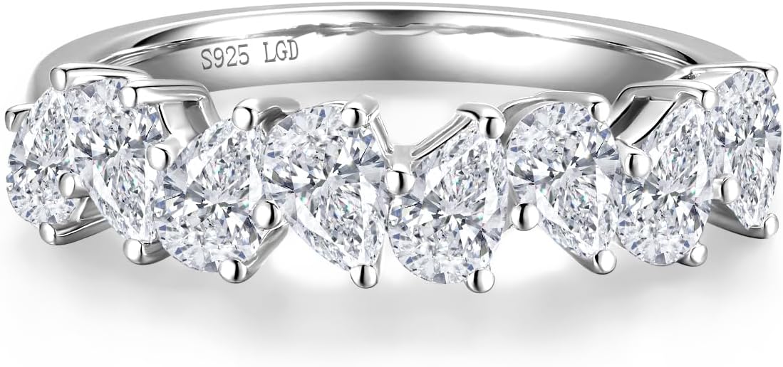 AGVANA 1.1 Ct. Tw. Pear-Cut Lab Grown Diamond Ladies Eternity Wedding Bands in Sterling Silver Engagement Promise Wedding Anniversary Stackable Band Ring for Women (D-E Color, VS Clarity), Size 5-9