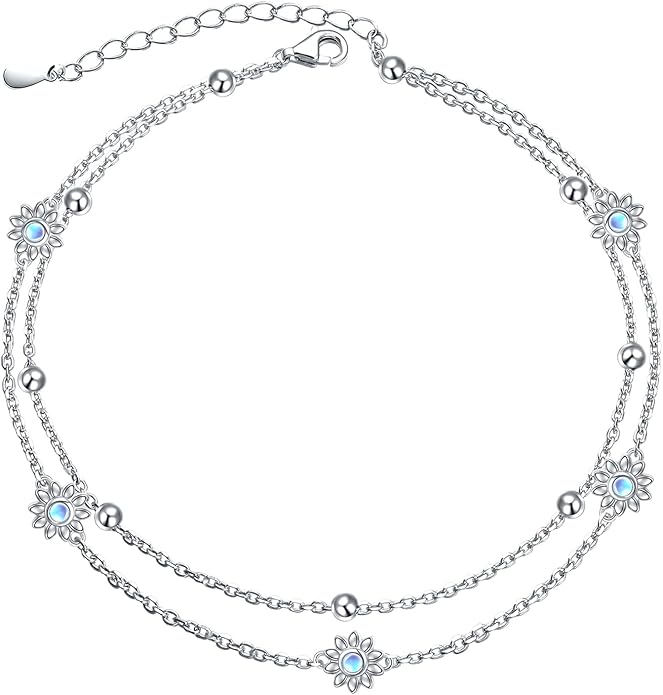 FLYOW Anklet for Women S925 Sterling Silver Adjustable Foot Beaded Heart Charm Ankle Bracelet Anklets Jewelry