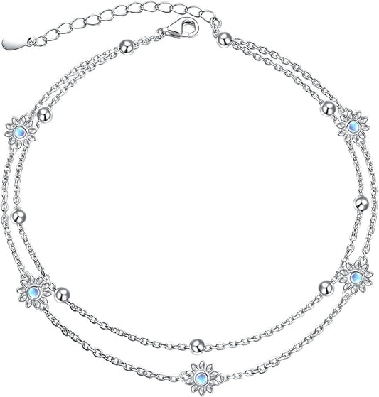 FLYOW Anklet for Women S925 Sterling Silver Adjustable Foot Beaded Heart Charm Ankle Bracelet Anklets Jewelry