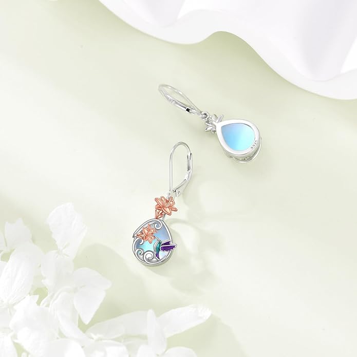 AOBOCO Butterfly/Dragonfly/Bee/Ladybug Leverback Earrings 925 Sterling Silver Rose Lotus Tulip Flower Filigree Dangle Earrings Teardrop Moonstone Larimar Turquoise Abalone Shell Jewelry Birthday Gifts for Women