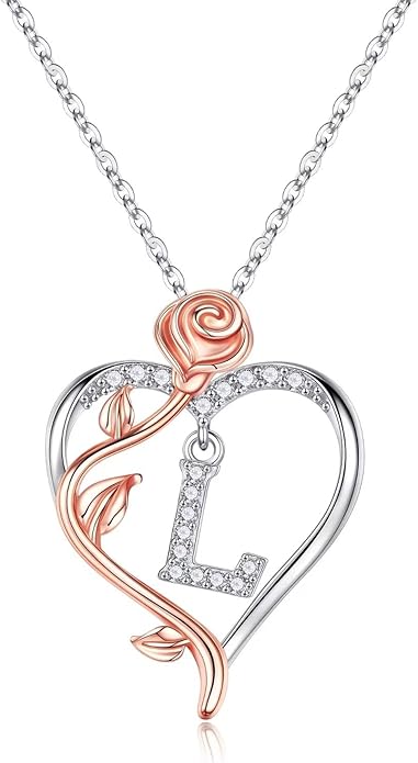 Yesteel Rose Heart Initial Necklaces Gifts for Women Teen Girls, Rose Love Heart Letter Pendant Necklace Jewelry Mothers Day Valentines Anniversary Birthday Gifts for Her Women Wife Girlfriend