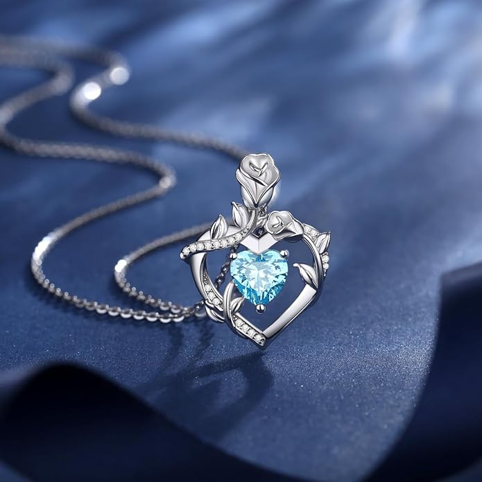 AGVANA Rose Birthstone Necklace for Women Sterling Silver Rose Flower Heart Necklace Fine Jewelry Anniversary Birthday Gifts for Women Wife Mom Her, Length: 18"+2"
