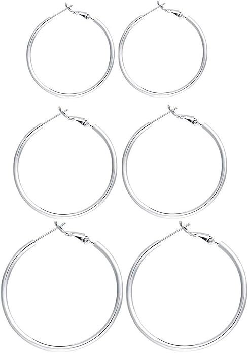 3 Pairs Sterling Silver Hoop Earrings, 14K White Gold Plated Big Hoop Earrings Set for Women 40 50 60MM