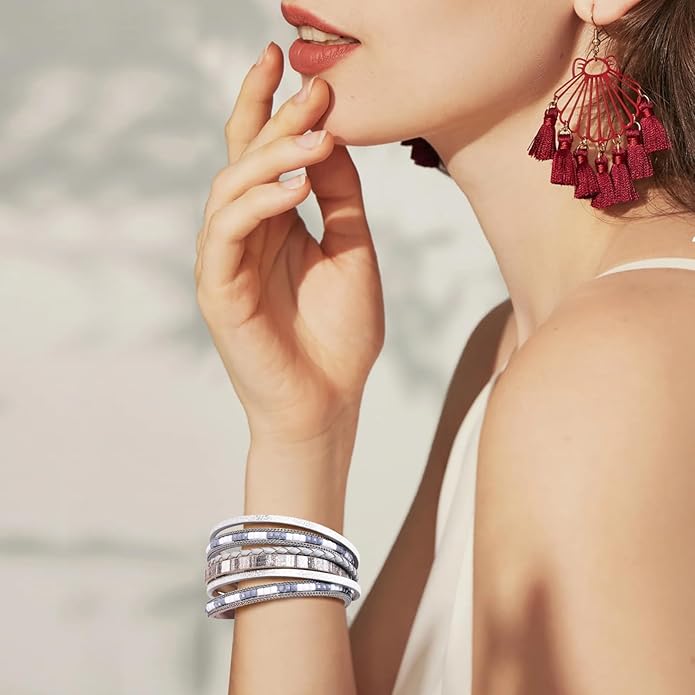 ENGCKSHI Wrapped Bracelets for Women,Leather Bracelet,Boho Bracelets for Women,Multi-Layer Pearl Crystal Bracelet Bangle Jewelry