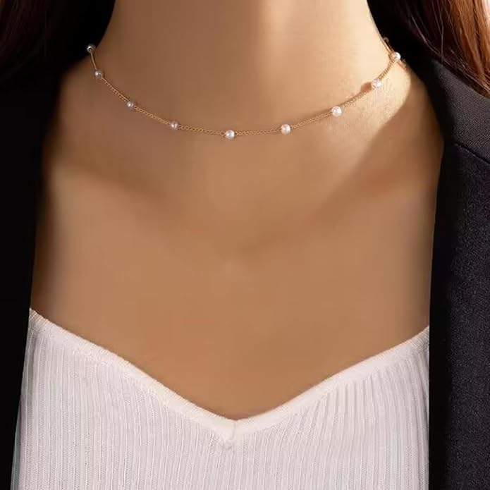 Gold Pearl Necklace for Women, 14K Gold Plated Layered Pearl Necklaces for Women Trendy Simple Herringbone Chain Pearl Necklace for Women Gold Jewelry Gifts