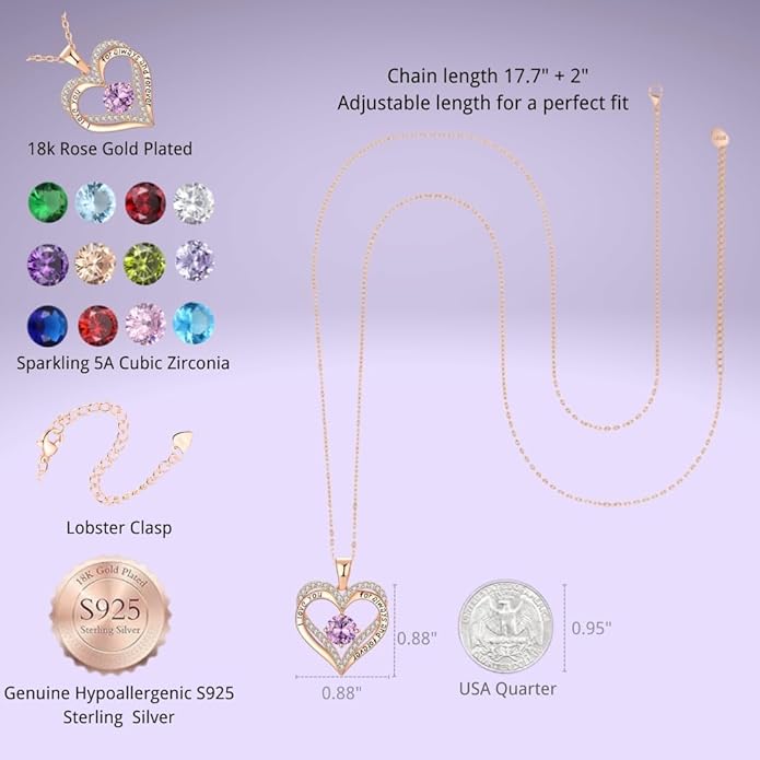 Birthstone Heart Necklace for Women Wife Girlfriend Mom Daughter Gifts S925 Silver Jewelry For Anniversary Rose Gold Gifts For Birthday Christmas Mothers Valentines Day