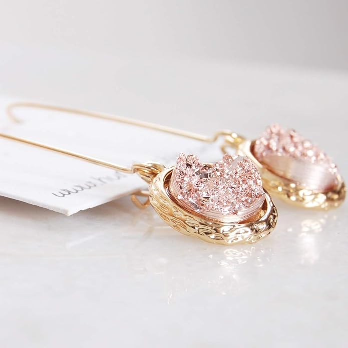 Simulated Druzy Threader Drop Earrings for Women - Gold, Silver, or Rose Gold Tone Trendy Boho Dangles with Sparkly Round Stone