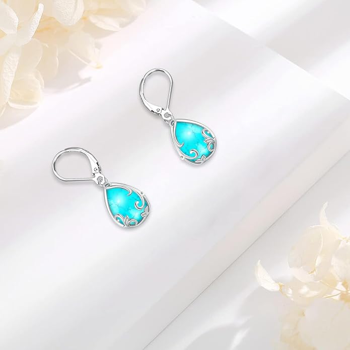 Sterling Silver Tree of Life/Flower/Bee/Animals/Cat/Hummingbird Dangle Earrings Moonstone Turquoise Drop Leverback Earrings Jewelry Gifts