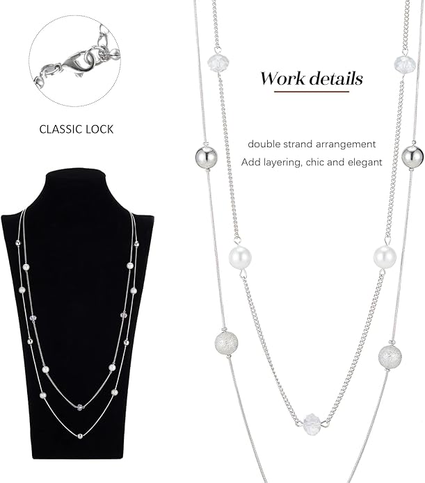 Silver Layered Long Necklace for Women Pearl Crystal Sweater Strand Chain Necklaces Fashion Gifts