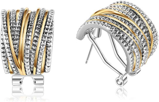 Two Tone Earrings for Women Gold and Silver Crossover Half Hoop Statement Earring Designer Stud Earrings