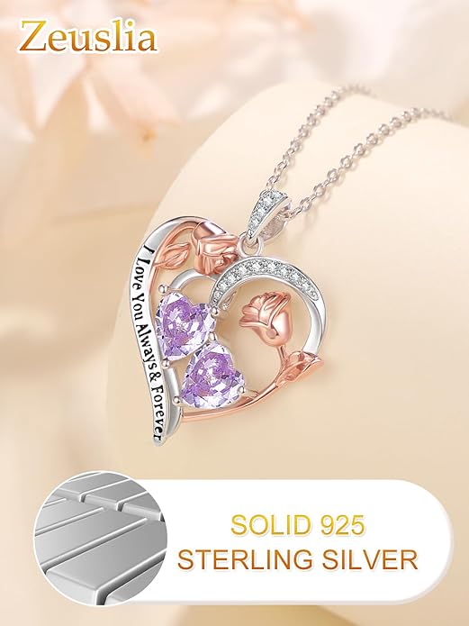 Zeuslia Double Birthstone Necklace Gifts for Wife - 925 Sterling Silver Sunflower/Rose/Crown Cross/Compass/Heart Pendant I Love You Necklace, Anniversary Birthday Gifts for Wife Girlfriend Mom Her