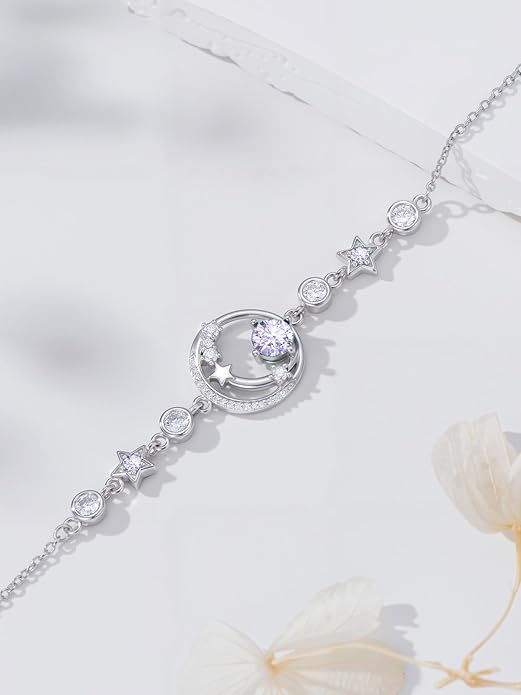 Moon and Star Birthstone Charm Link Bracelet 925 Sterling Silver Moon and Star Bracelet with 12 Months Birthstone Birthday Jewelry Gifts for Women Mom Her,Chain Length 7"+2" Extend