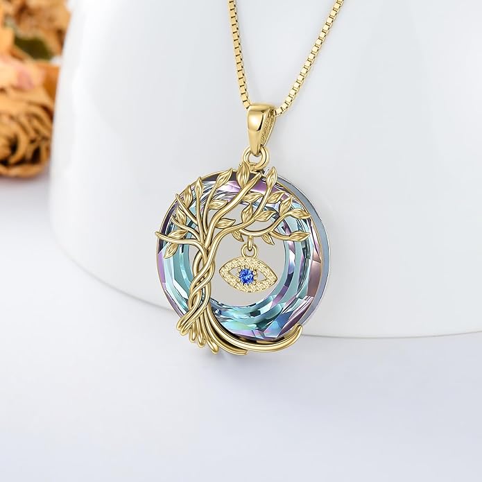 TOUPOP Evil Eye Necklace 925 Sterling Silver Tree of Life Circle Crystal Pendant Necklace Protection Jewelry Amulet Christmas Gifts for Women Her