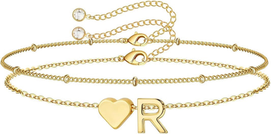 M MOOHAM Christmas Gifts for Grandkids Teens Girls -14K-Gold-Plated Heart Initial Bracelets for Women Girl Dainty Gold Bracelets Birthday Gift Stocking Stuffers for Women Teenage Girls Kids Gifts