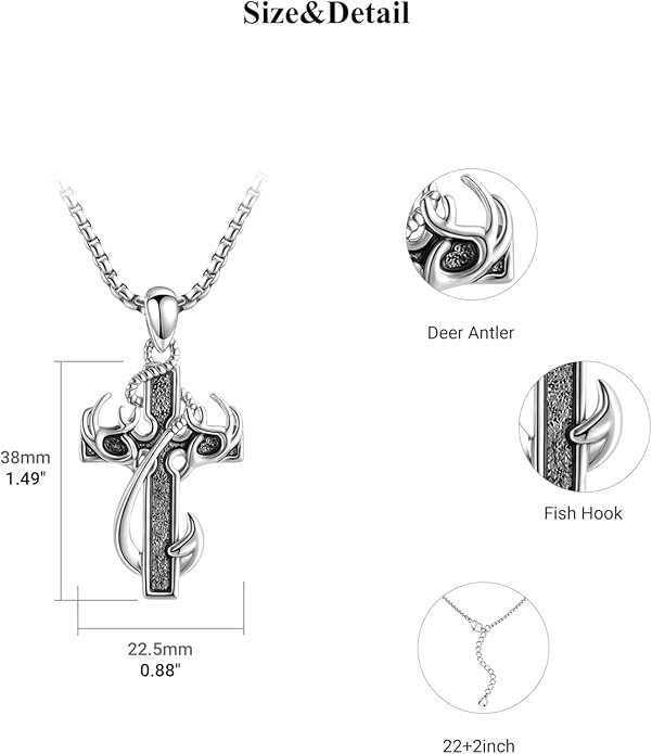 CCmfgjew Christmas Gifts Cross Necklace for Men Stainless Steel Fish Hook Pendant Antler Necklace Hunting Jewelry Gifts for Father Husband Brother 22+2”